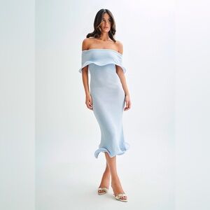 Meshki molly off shoulder knit midi dress sky blue size small